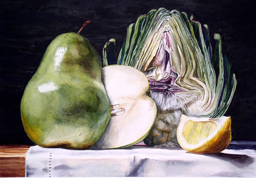 Fruit and Artichoke Half by Laurin McCracken, watercolor painting.