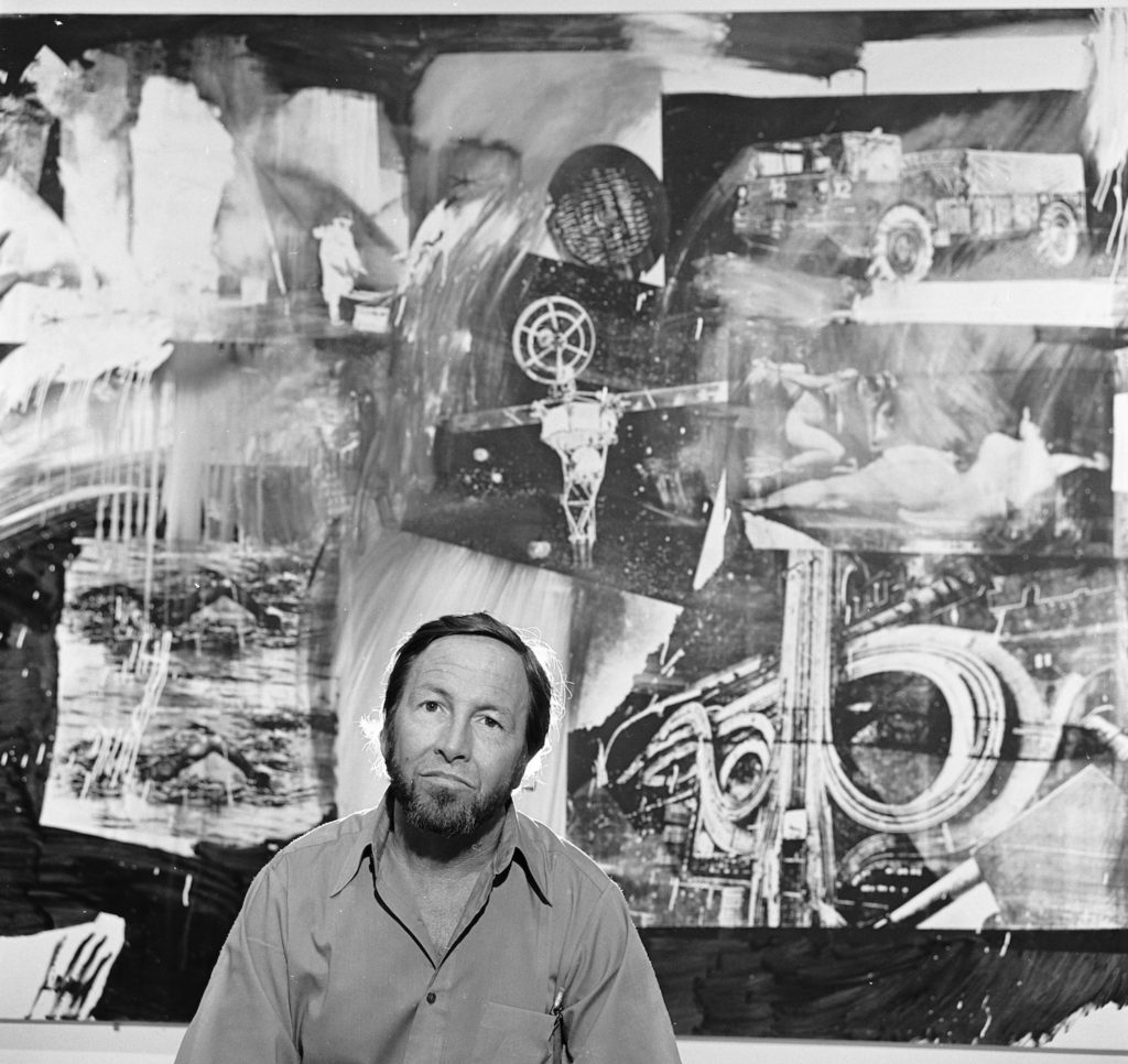 Artist Robert Rauschenberg with his art at the Museum of Modern Art in New York, March 19, 1977 | Getty Images