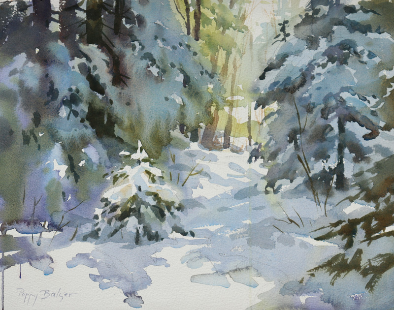 Spring Sunshine on Fresh Snow (plein air watercolor) by Poppy Balser