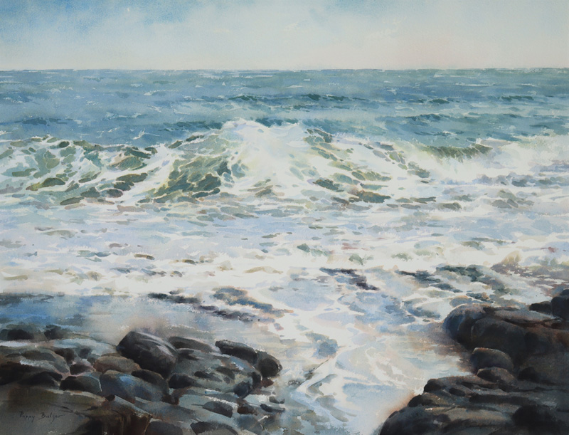 Waves Rising Up to the Rocks (plein air watercolor) by Poppy Balser  